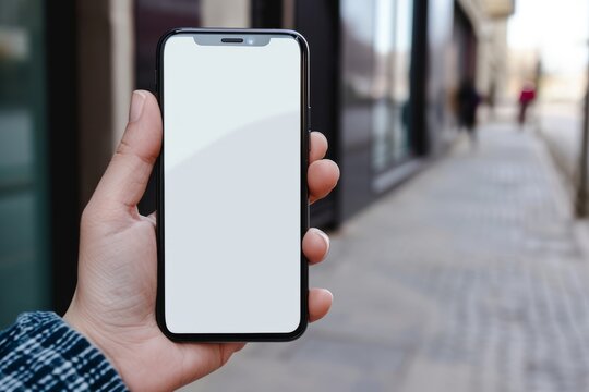 Mockup image of a woman's hand holding a modern smartphone with a white screen in the street