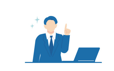 パソコンの前で人差し指を立てるスーツの男性のベクターイラスト素材