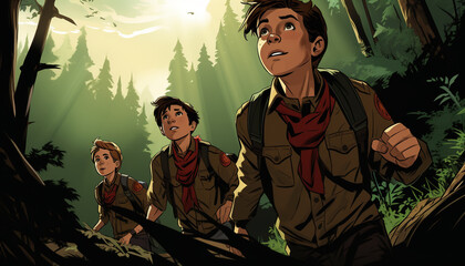 boys scout kids in forest comic book style - obrazy, fototapety, plakaty