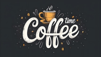 Poster take out coffee cup with lettering Coffee time for cafe and coffee take away. Monochrome vintage drawing for drink and beverage menu or cafe theme. - obrazy, fototapety, plakaty