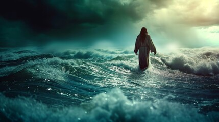 Jesus walks on water across the sea during a storm. Biblical theme concept