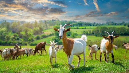 Naklejka na ściany i meble Goats grazing on the grass fields meadow beautiful sunny