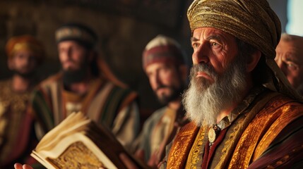 Paul from Bible stories in his 50s preaching bible to the king of Jeruselam, 3D rendering, detailed textures, dramatic lighting 