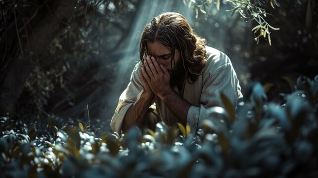 Praying in Gethsemane Photorealistic Jesus Christ Portrait Illustration