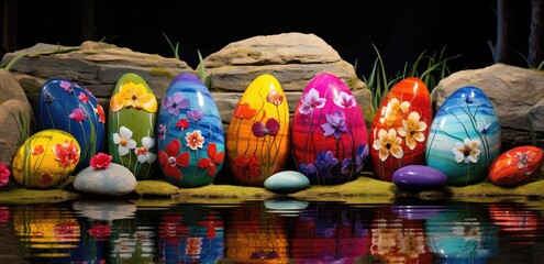 Fototapeta na wymiar Vibrant Mosaic Easter Eggs Adorned with Spring Florals by the Pond - Generative AI