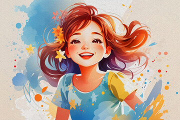 Happy Girl in garden Illustration , Digital Watercolor Painting Style Graphic Design.
