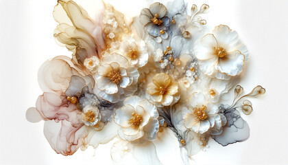 Obraz premium Abstract flowers with fluid alcohol ink paint by yellow soft tones and gold on white background.