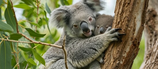 Fototapeta premium The mother koala cares for her joey in a tree fork.