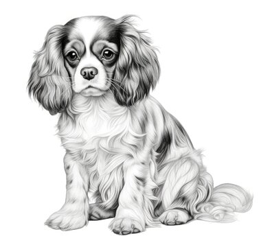Detailed Pencil Sketch of a Loyal King Charles Spaniel in Monochrome - Generative AI
