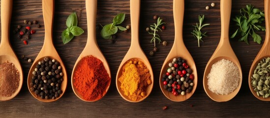 Various spices and ingredients on wooden spoons displayed on a cooking table.