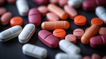 Closeup colorful medical pills and capsules on a dark background. Medicine for treatment. Pharmaceuticals