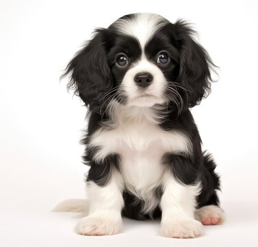 Adorable Black and White King Charles Spaniel Puppy Portrait - Generative AI
