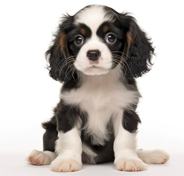 Adorable Black and White King Charles Spaniel Puppy Portrait - Generative AI
