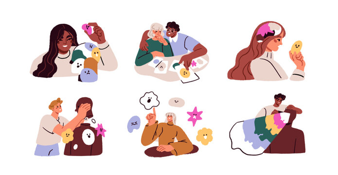 Emotional intelligence, feelings control and balance, psychology concept. Choosing mood, reaction, mind state regulation. Mental health set. Flat vector illustrations isolated on white background