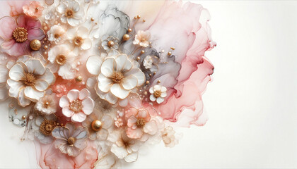 Abstract flowers with fluid alcohol ink paint by pink gold soft tones on white background.