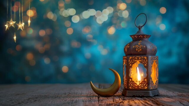 Arabic lanterns, candles and crescent moon ornaments. ramadan celebration concept. seamless looping 4k time-lapse animation video background