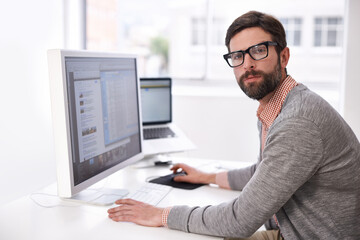 Research, computer and portrait of business man in office for information, company and project management. Idea, review and online with male employee in startup agency for professional feedback - obrazy, fototapety, plakaty