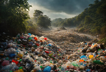 une décharge d'ordures en plastique au milieu d'une forêt en pleine nature - generative AI.jpg - obrazy, fototapety, plakaty