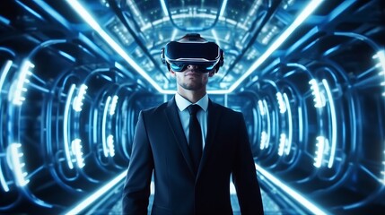 Fototapeta premium A futuristic businessman explores a UHD virtual reality simulator equipped with intricate VR gear. Created with generative AI technology