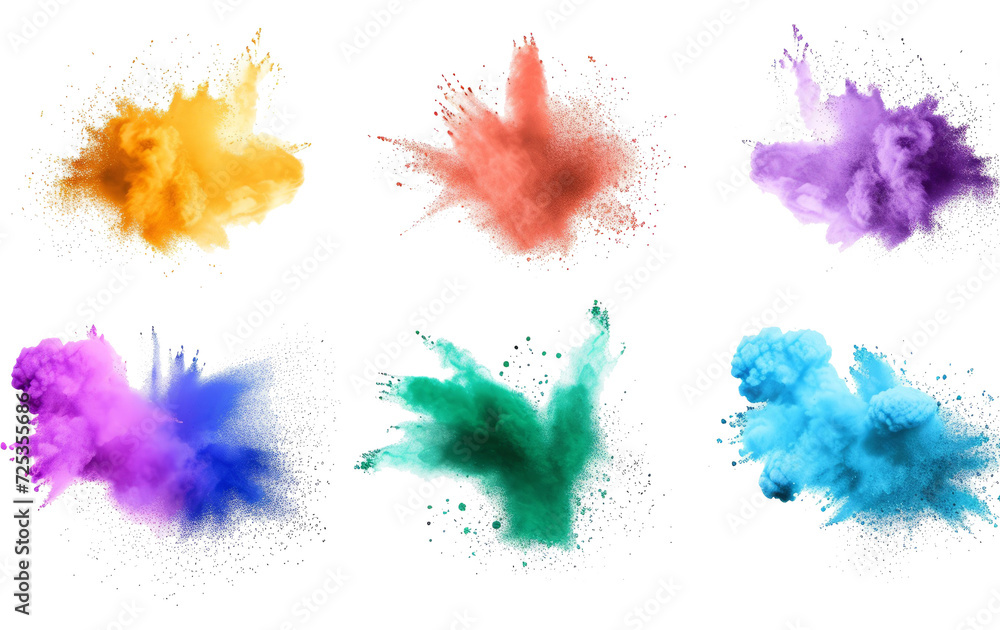 Poster color powder explosions splash of paint dust with particles.realistic set of burst effect of colorfu