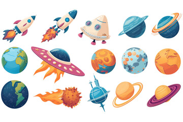 Earth, alien planets, rocket, ufo spaceship and meteor cartoon set of shuttle, satellite, flying saucer, meteorite with fire and unusual planets