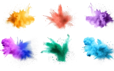 Fotobehang Color powder explosions Splash of paint dust with particles.realistic set of burst effect of colorful powder clouds © Zaleman