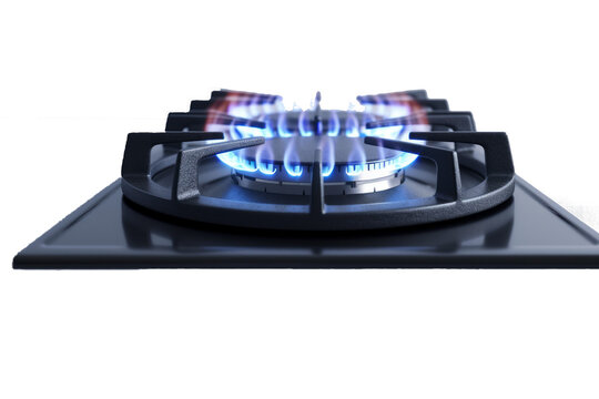 Gas burner with blue flame. Glowing fire ring on kitchen stove in top and side view. realistic mockup of burning propane butane in oven for cooking isolated