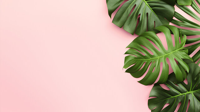Tropical elegant leaves background, Monstera leaf on pastel color background. palm leaf, real tropical jungle foliage swiss cheese plant,AI generated