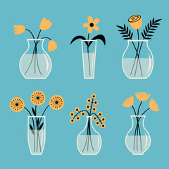 Different yellow flowers. Glass vases with water. Flower in vase set line. Cute icon collection. Daisy, rose, tulip, gerbera. Ceramic Pottery Glass decoration. Blue background. Flat design.