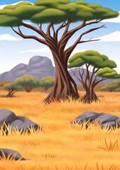 African Savannah Landscape. Green trees, and plain grassland field under blue clear sky. Children's book illustration in cartoon style.