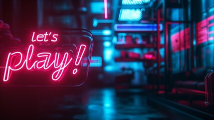 Let's Play Colorful Neon Lettering Cyberpunk Style. Banner illustration for gamers and streamers. - obrazy, fototapety, plakaty