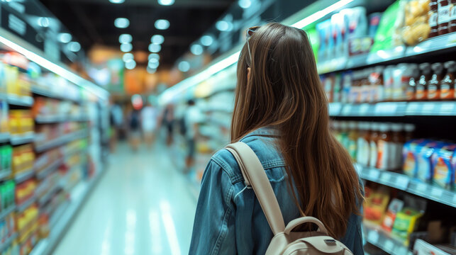 Woman Casually Dressed Browsing Through A Supermarket Aisle, Everyday Consumer In Grocery Shopping, Food Products On The Retail Shelves