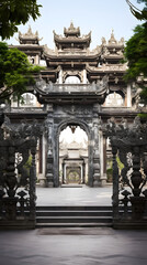 Grand Royal Palace Entrance - Embossed Steel Gate Supported By Stone Pillars with Manicured Bonsai Flanking