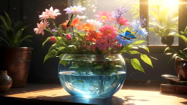 bouquet of flowers in a vase with butterflies 