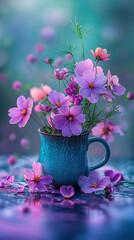 Cup with flowers in it. A vibrant still life captures the peacefulness of a pink and purple floral design, delicately arranged in a flowerpot vase and coffee cup, sitting in an outdoor setting