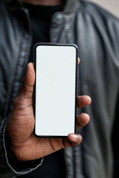 Mockup image of a man's hand holding a smartphone with a blank screen in the background