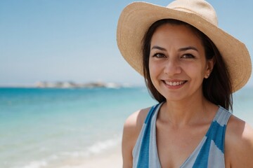 Beautiful and stylish senior woman standing at the beach with copy space, smiling and looking at the camera. Summer Holiday and Vacation Concept.	