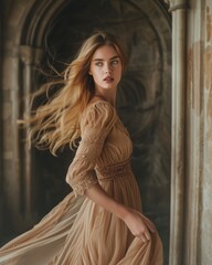 fashion interior photo of beautiful sensual woman with blond hair in elegant dress. A blonde with green eyes, dressed in a flowing gown, stands in the courtyard of Neuschwanstein Castle. 