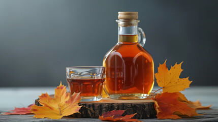 Bottle and glass of tasty maple syrup