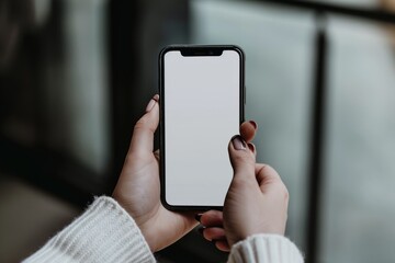 Mockup image of female hands holding black smartphone with blank white screen