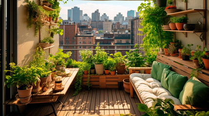Urban balcony patio garden organic vegetable gardening in the city - obrazy, fototapety, plakaty