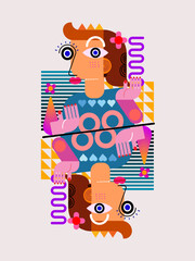 Line drawing doodle face portrait person, king and queen casino poker playing card vector illustration design art print.