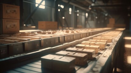 cardboard parcel boxes on conveyor rollers