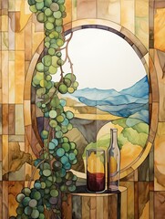 Abstract Wine and Vineyard Scenes: Countryside Wine Tasting Prints in Earth Tones
