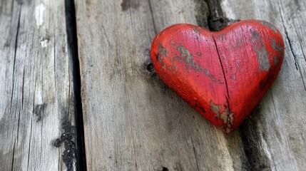 Red Wooden Heart on Old Wooden Planks