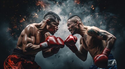 Fototapeta na wymiar two Thai boxer fighting against each other, box ring, realistic photo, --ar 16:9 --v 5.2 Job ID: 83e5e14c-784d-434a-9edc-36d5e72044e3