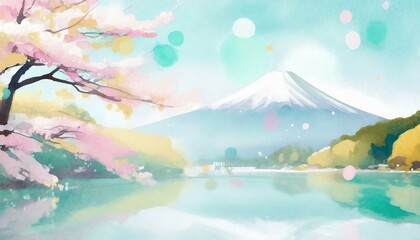 Fototapeta premium 富士山と湖と桜の淡い色の背景