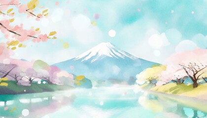 Fototapeta na wymiar 富士山と湖と桜の淡い色の背景
