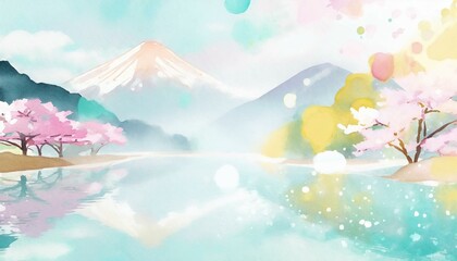 Fototapeta premium 富士山と湖と桜の淡い色の背景