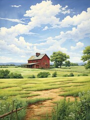 Obraz premium Charming Countryside Barns: Panoramic Landscape Print of Wide Barn View